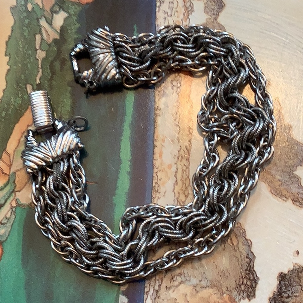 VINTAGE 1959 “GOLDETTE NY” 3 Strand Silvertone Chain Bracelet, Signed